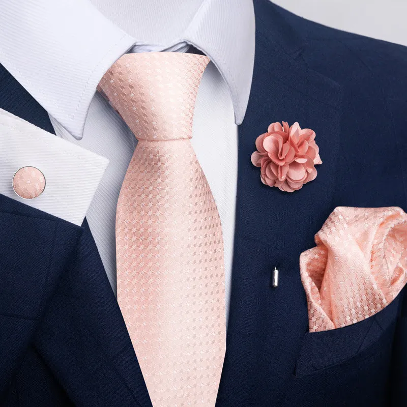 Floral jacquard polyester yarn tie and pocket square combo set for men, 147cm length, 50 colour options