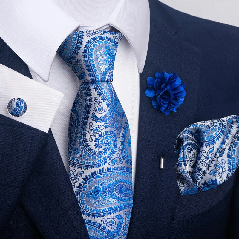 Floral jacquard polyester yarn tie and pocket square combo set for men, 147cm length, 50 colour options
