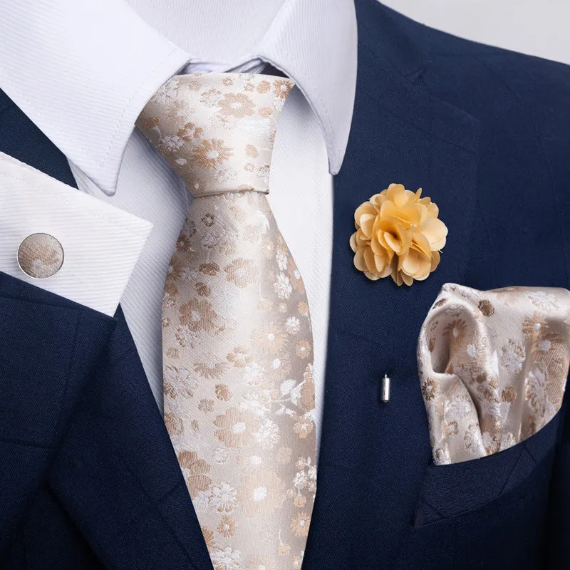 Floral jacquard polyester yarn tie and pocket square combo set for men, 147cm length, 50 colour options
