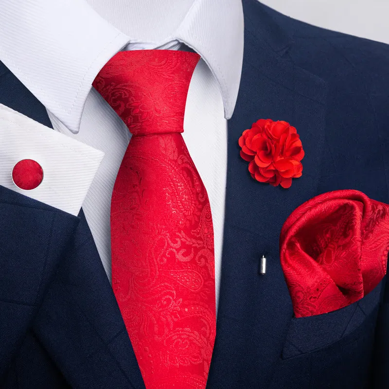 Floral jacquard polyester yarn tie and pocket square combo set for men, 147cm length, 50 colour options