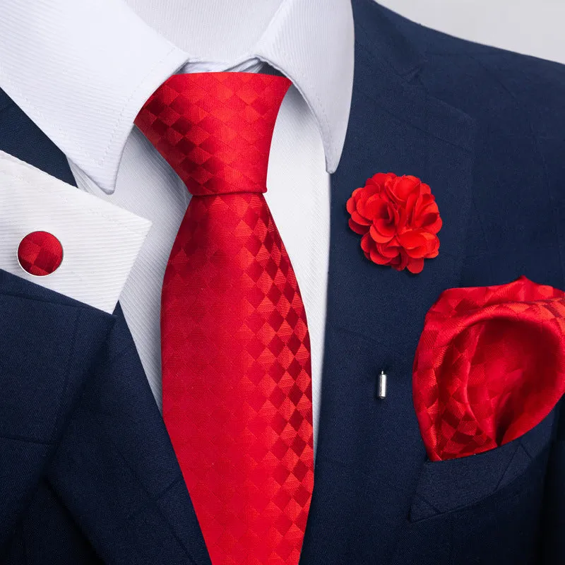 Floral jacquard polyester yarn tie and pocket square combo set for men, 147cm length, 50 colour options