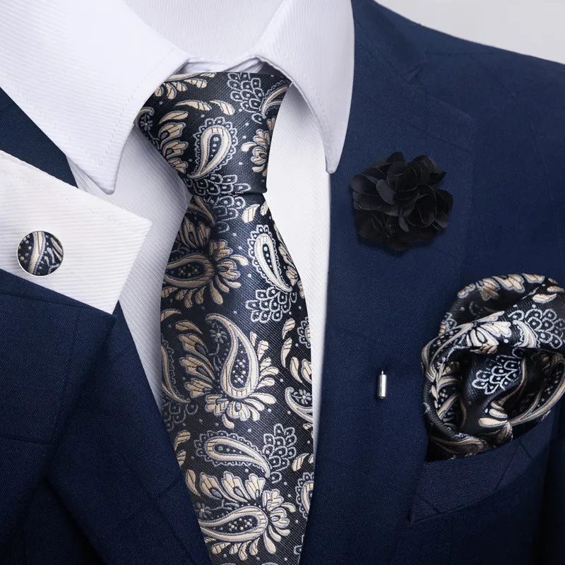 Floral jacquard polyester yarn tie and pocket square combo set for men, 147cm length, 50 colour options
