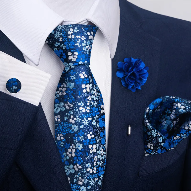 Floral jacquard polyester yarn tie and pocket square combo set for men, 147cm length, 50 colour options
