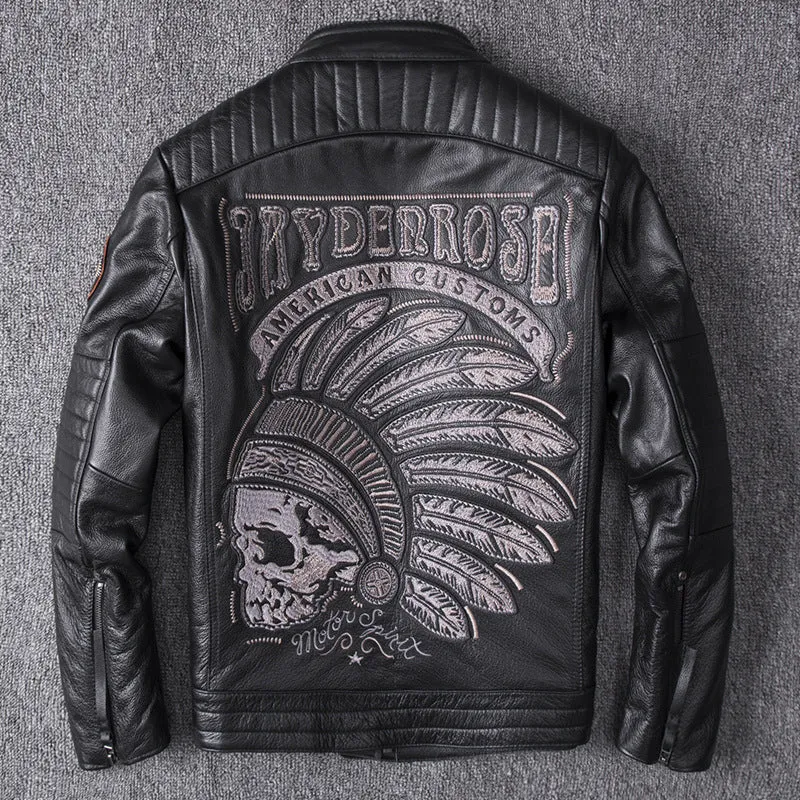 Men's black genuine leather stand collar motorcycle jacket with skull pattern