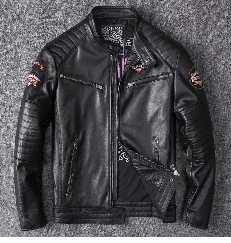 Men's black genuine leather stand collar motorcycle jacket with skull pattern