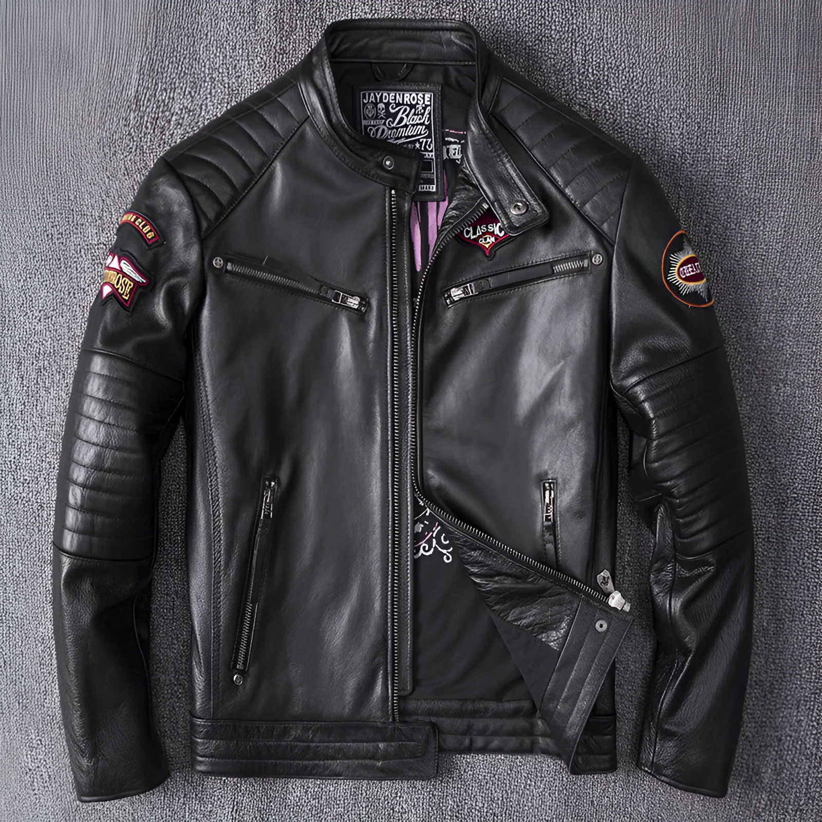 Men's black genuine leather stand collar motorcycle jacket with skull pattern