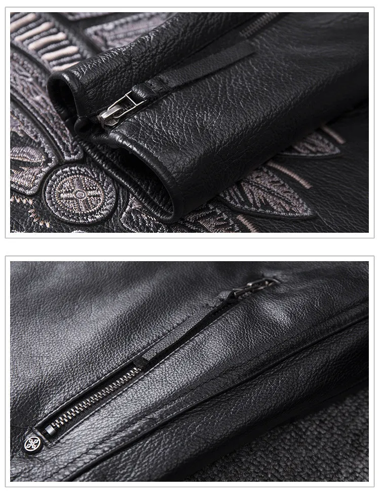 Men's black genuine leather stand collar motorcycle jacket with skull pattern