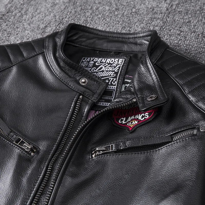 Men's black genuine leather stand collar motorcycle jacket with skull pattern