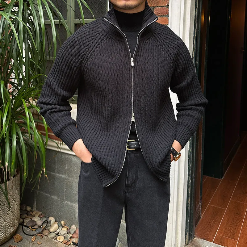 Men's stand-up collar cardigan retro slim fit cotton blend in grey, side view