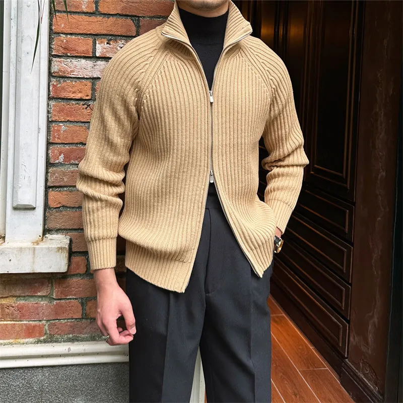 Men's stand-up collar cardigan retro slim fit cotton blend in grey, side view