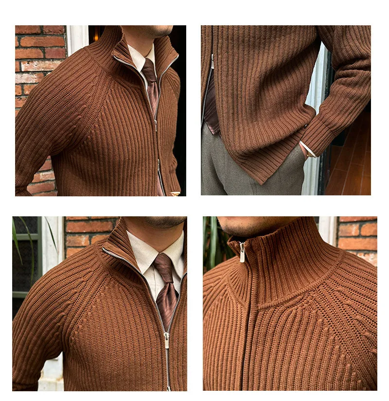 Men's stand-up collar cardigan retro slim fit cotton blend in grey, side view