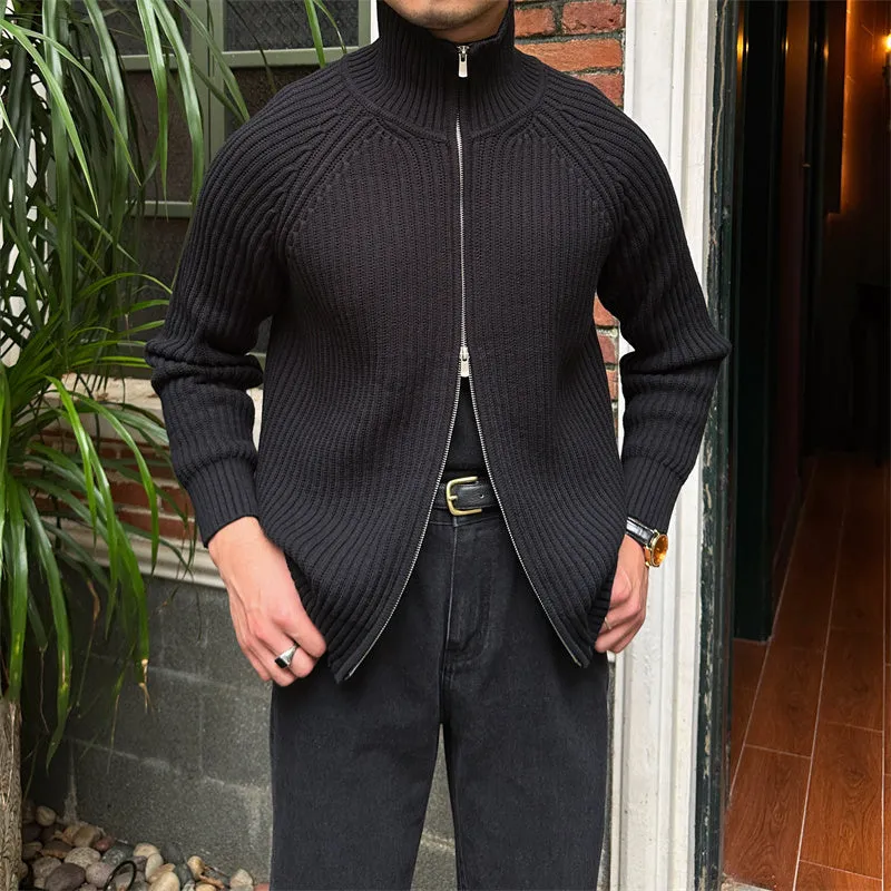 Men's stand-up collar cardigan retro slim fit cotton blend in grey, side view