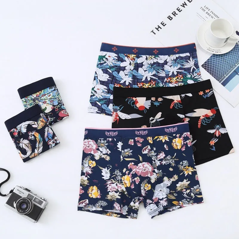 Men's floral print cotton boxer shorts showing the U-shaped pouch design and available colour variations.