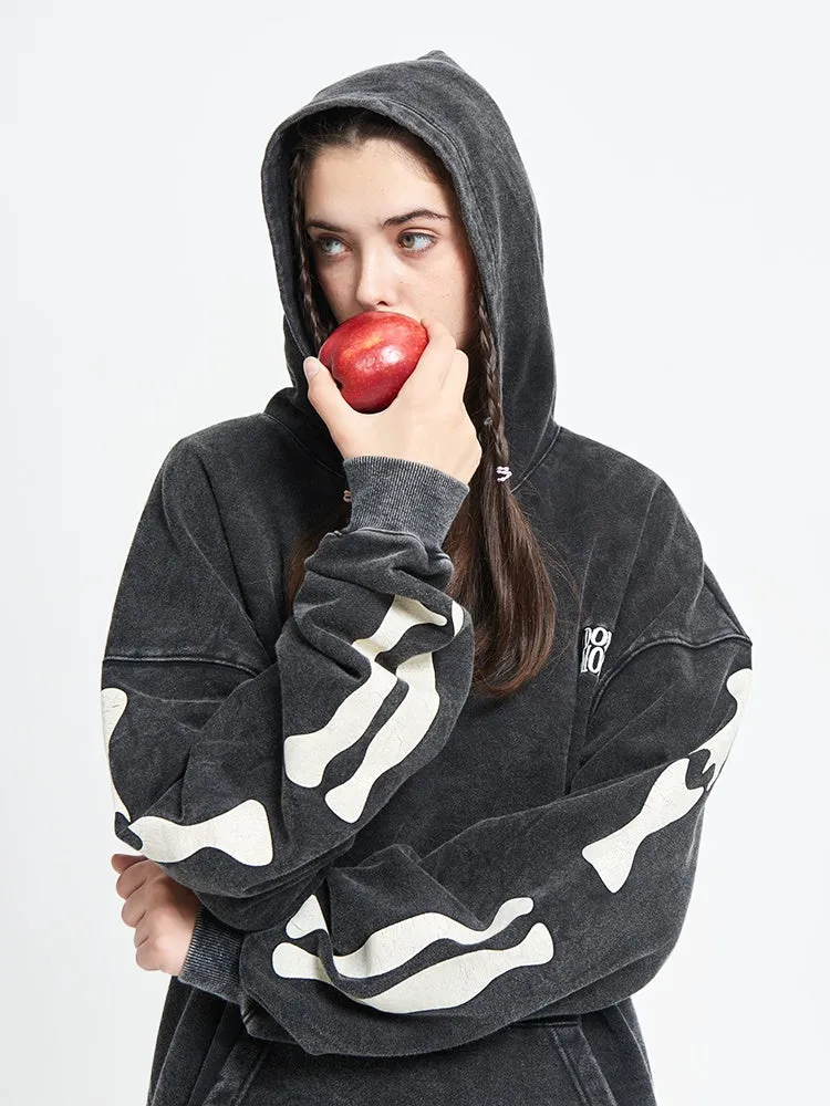 Black printed hoodie with hood and loose fit, 100% cotton, front view