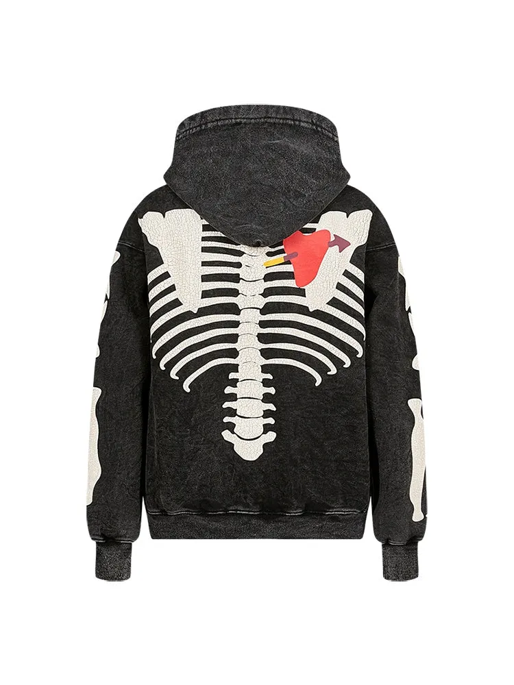 Black printed hoodie with hood and loose fit, 100% cotton, front view