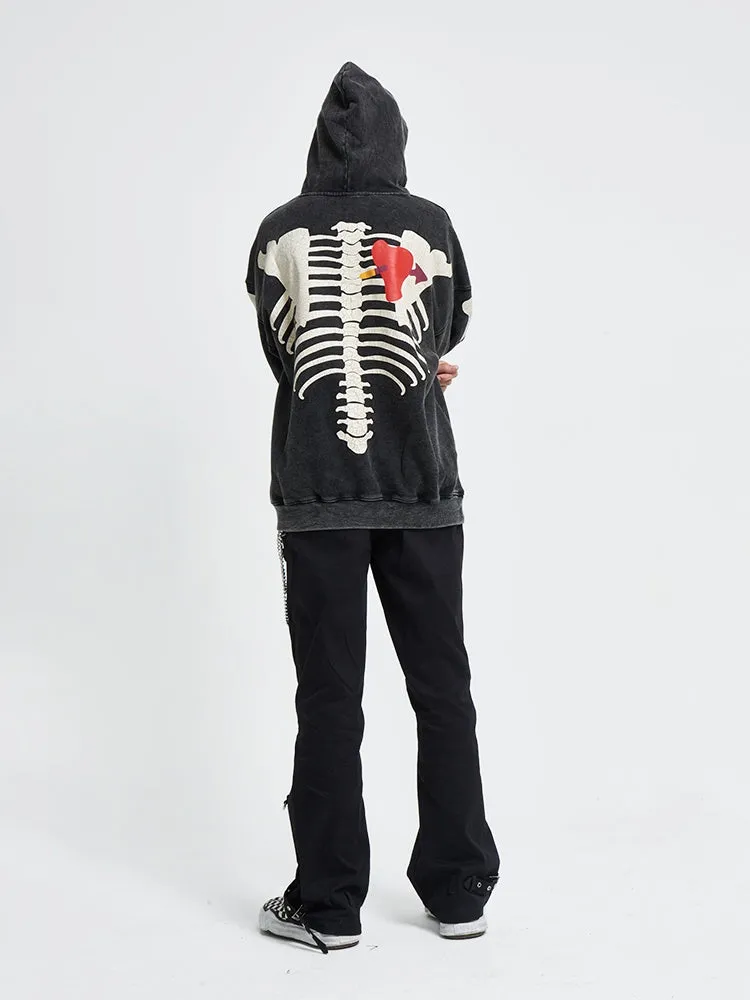 Black printed hoodie with hood and loose fit, 100% cotton, front view