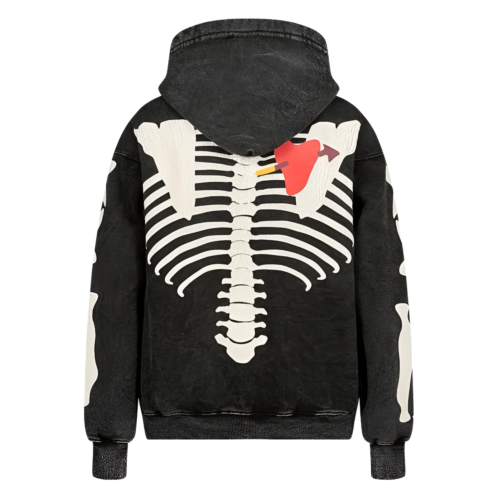 Black printed hoodie with hood and loose fit, 100% cotton, front view