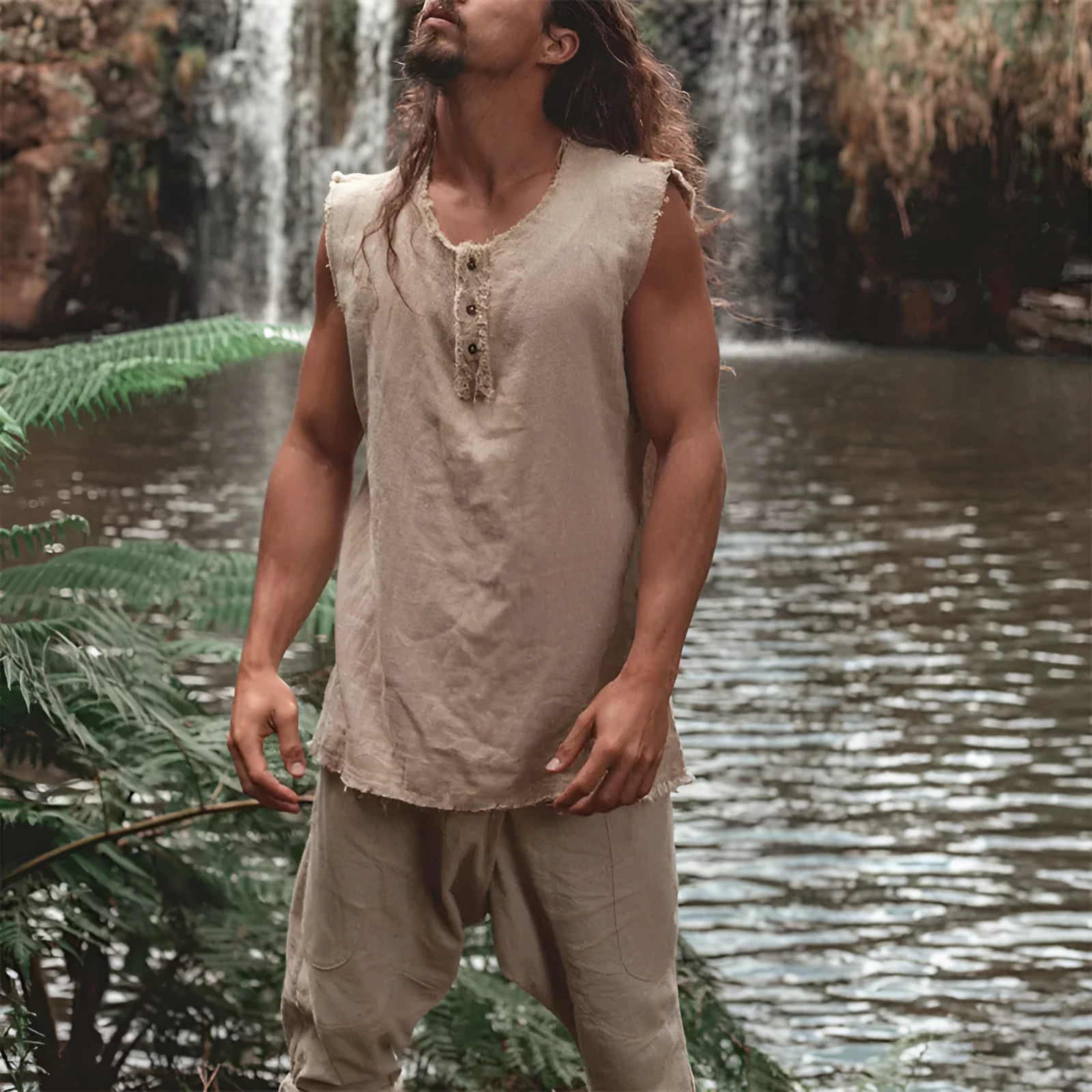 Men's solid colour linen loose fit casual vest with round hem, shown in neutral colour