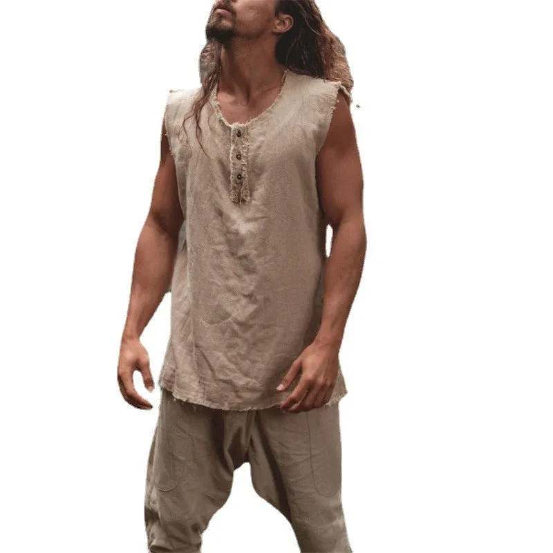 Men's solid colour linen loose fit casual vest with round hem, shown in neutral colour