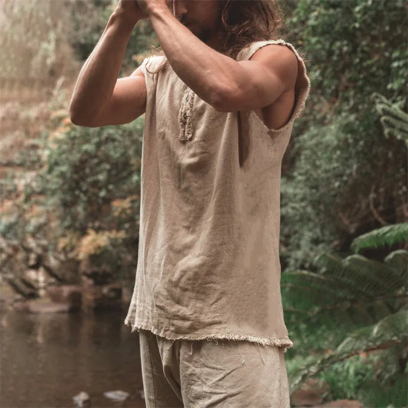 Men's solid colour linen loose fit casual vest with round hem, shown in neutral colour
