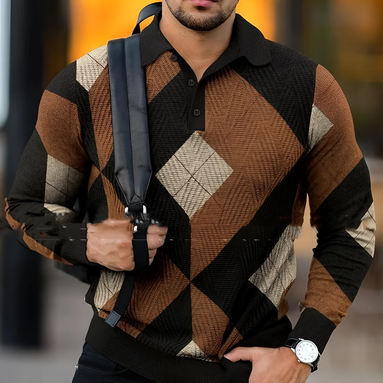 Men's casual lapel pullover with digital print in cotton blend fabric, loose fit