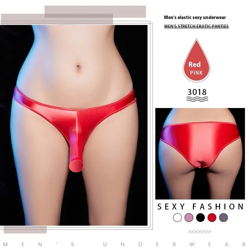 Men's low waist T-back underwear in shiny nylon fabric, shown in black, dark grey, pink, red, or white.