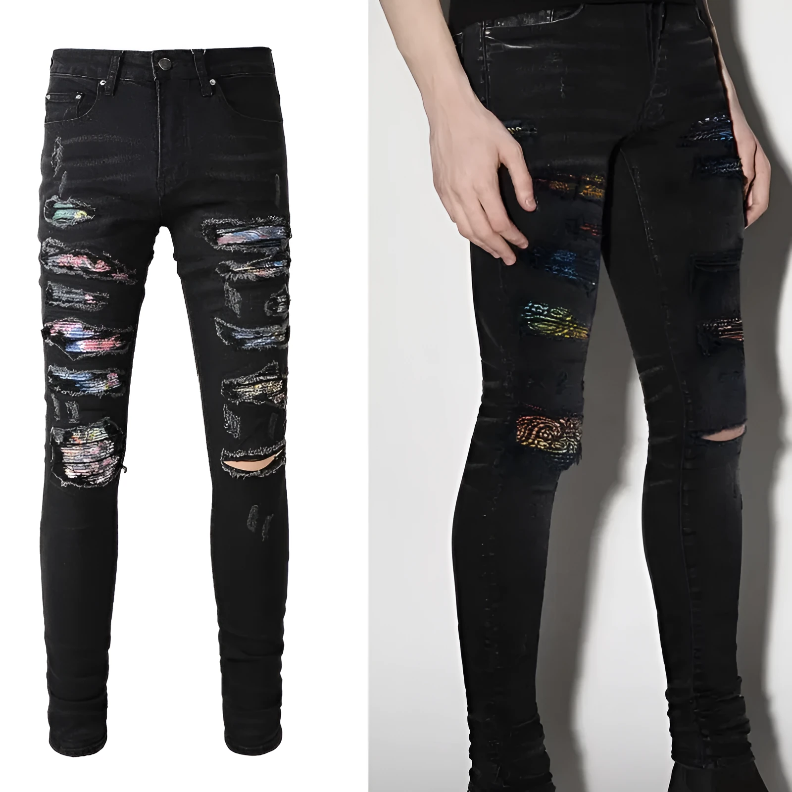 Men's black denim jeans with tattered hem and simple print patch detail