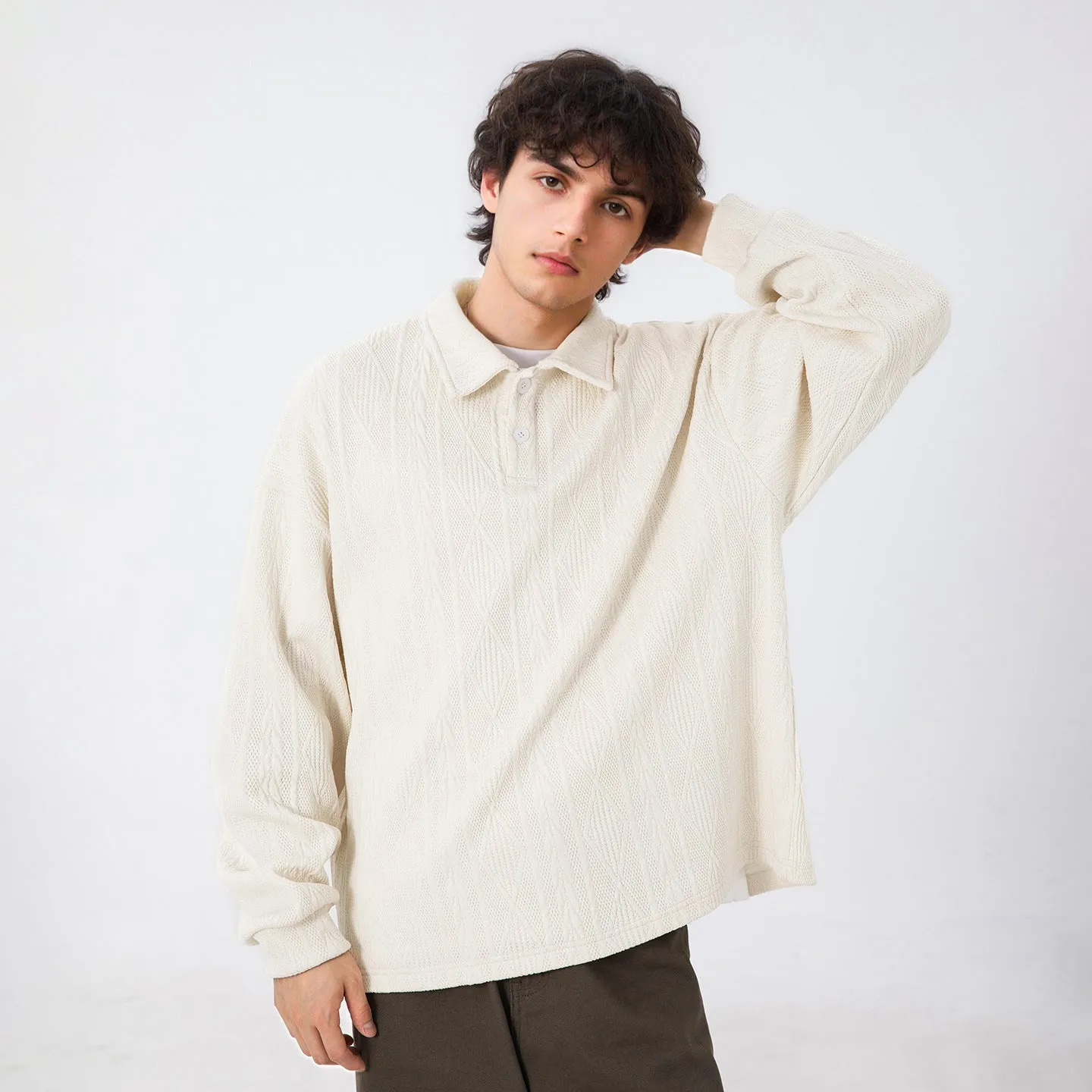 Texture jacquard lapel sweater for men in black loose fit autumn pullover
