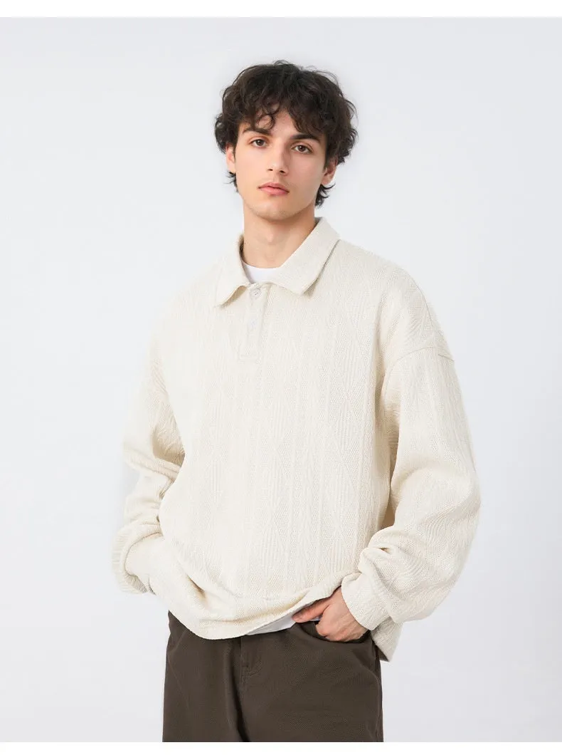 Texture jacquard lapel sweater for men in black loose fit autumn pullover