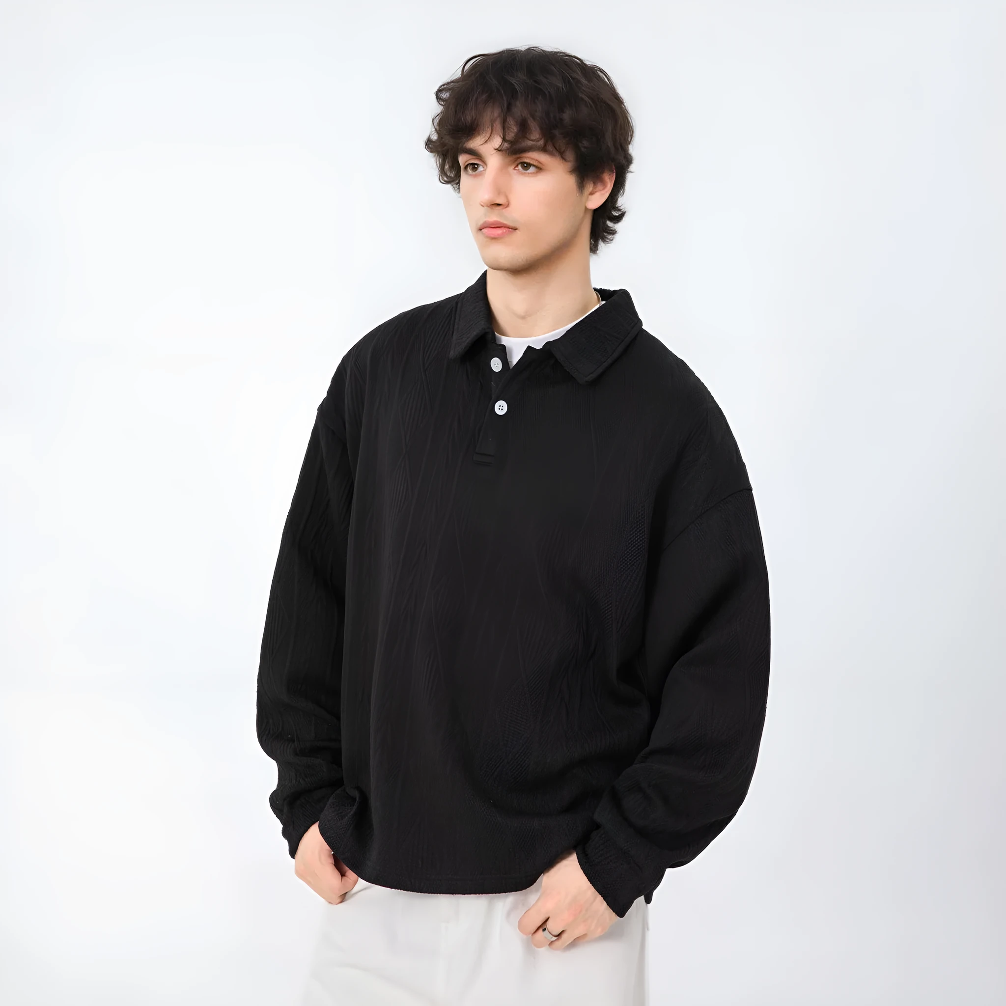 Texture jacquard lapel sweater for men in black loose fit autumn pullover
