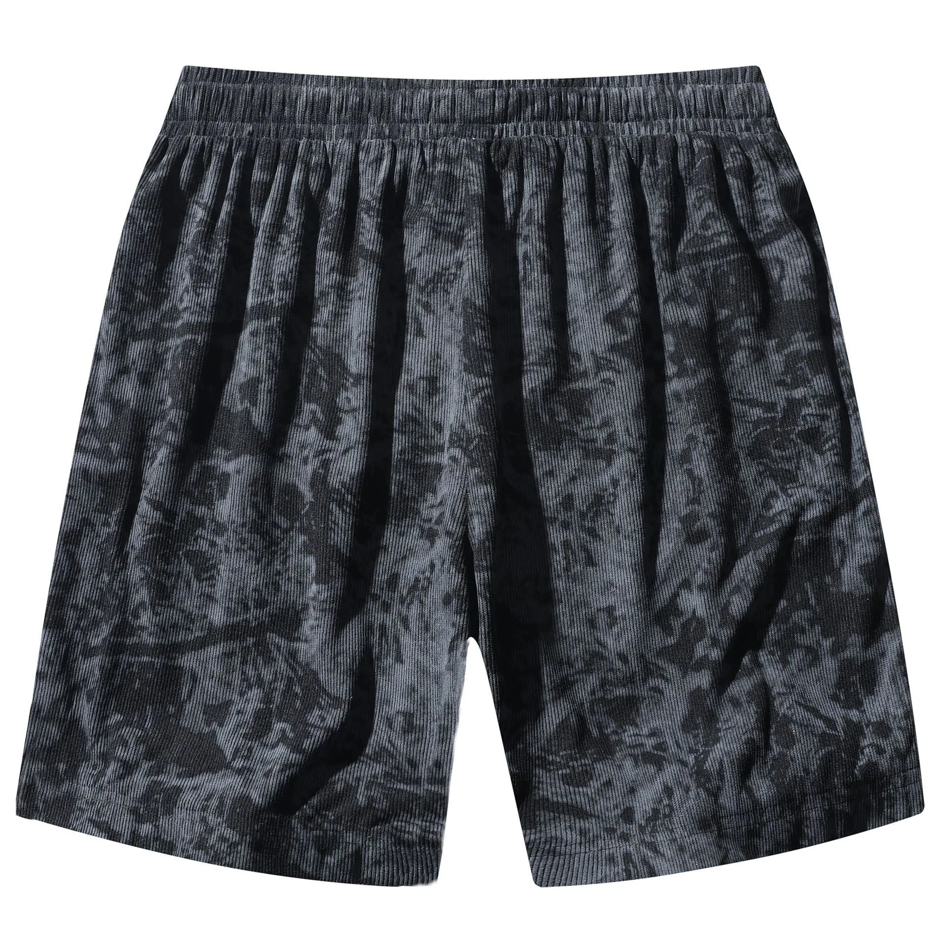 Men's camouflage pattern corduroy athletic shorts with a high waist on a neutral background.