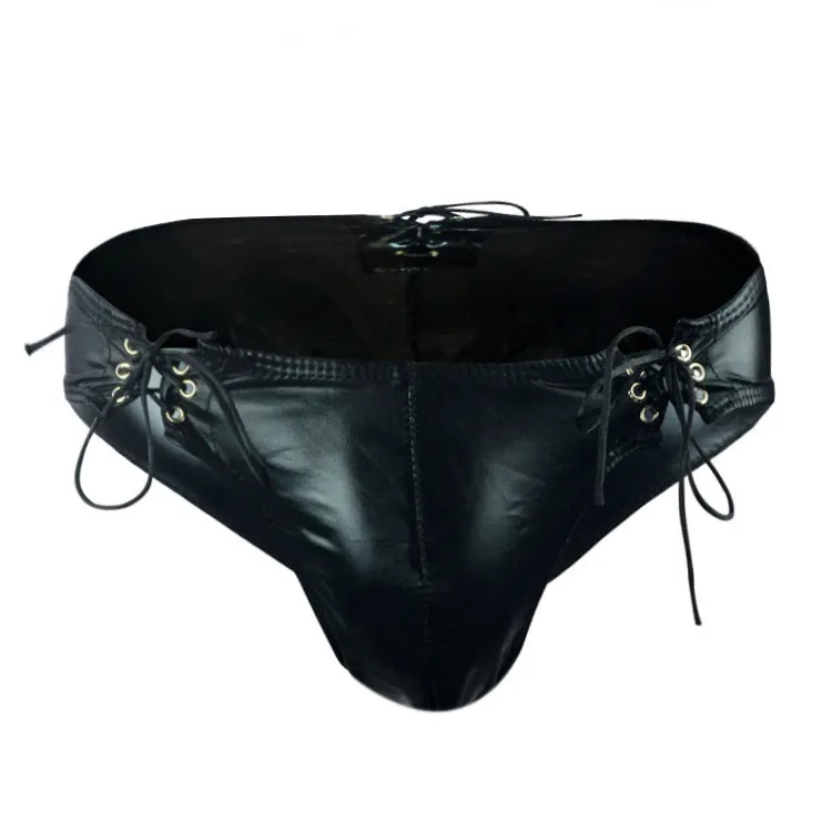 Men's black imitation leather string briefs with elasticated waistband laid flat