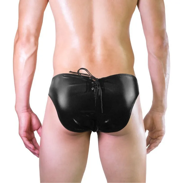 Men's black imitation leather string briefs with elasticated waistband laid flat