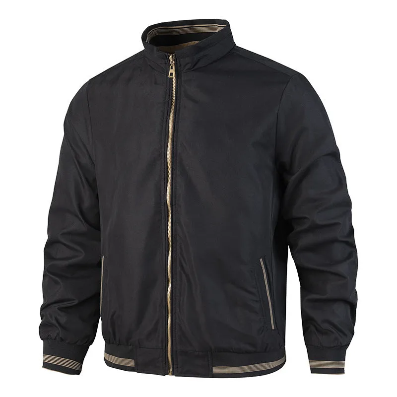 Men's double-sided reversible stand-up collar casual jacket in army green, polyester blend, long sleeves