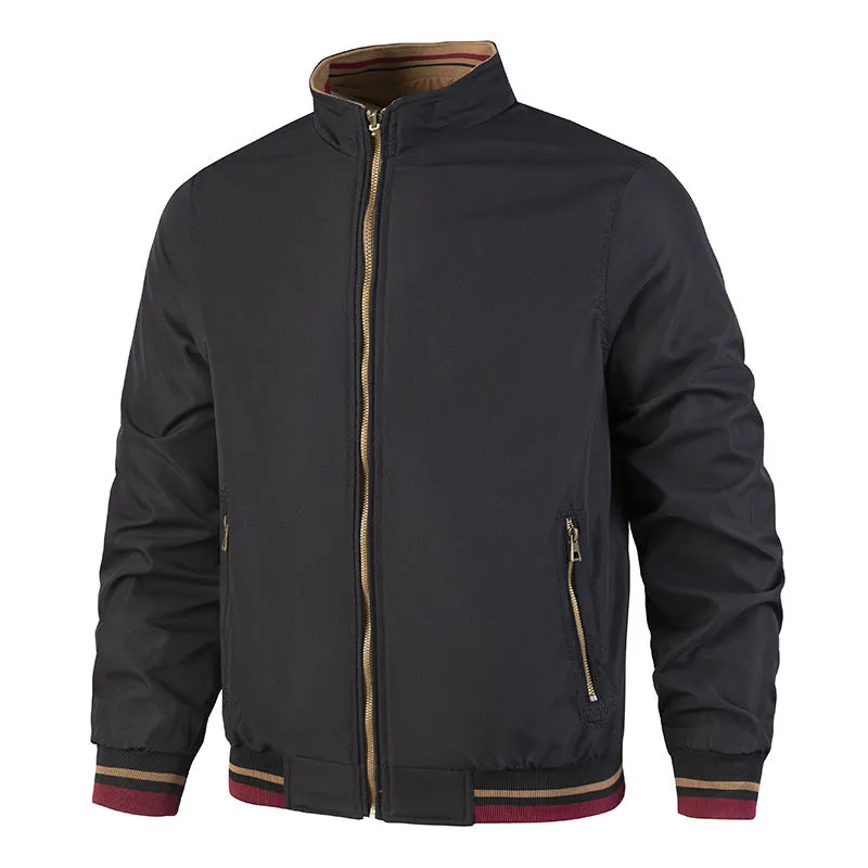 Men's double-sided reversible stand-up collar casual jacket in army green, polyester blend, long sleeves