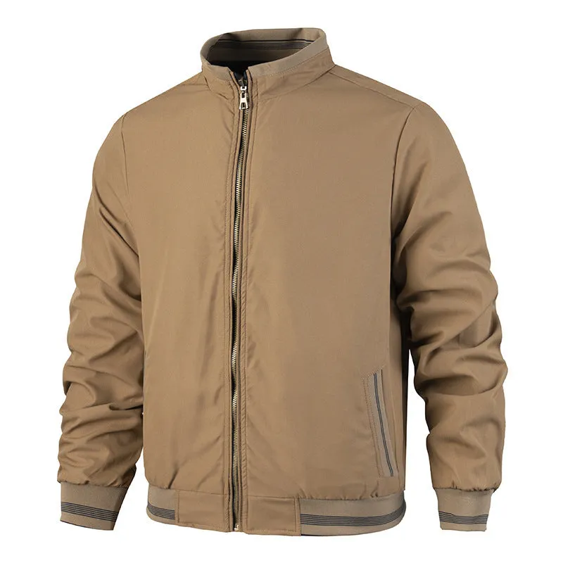 Men's double-sided reversible stand-up collar casual jacket in army green, polyester blend, long sleeves
