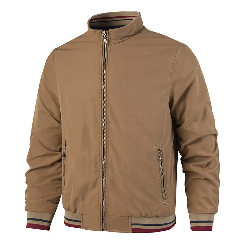 Men's double-sided reversible stand-up collar casual jacket in army green, polyester blend, long sleeves