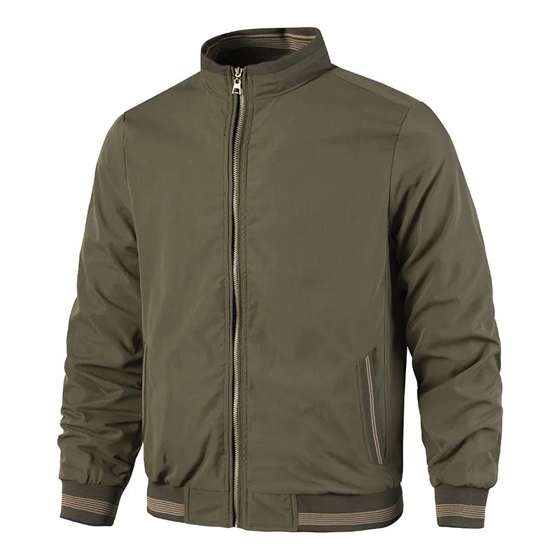 Men's double-sided reversible stand-up collar casual jacket in army green, polyester blend, long sleeves