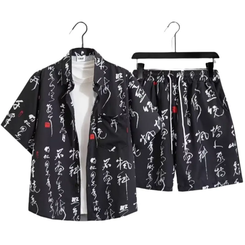 Men's floral printed polyester shirt and shorts set, loose cardigan style, black colour, front view on white background