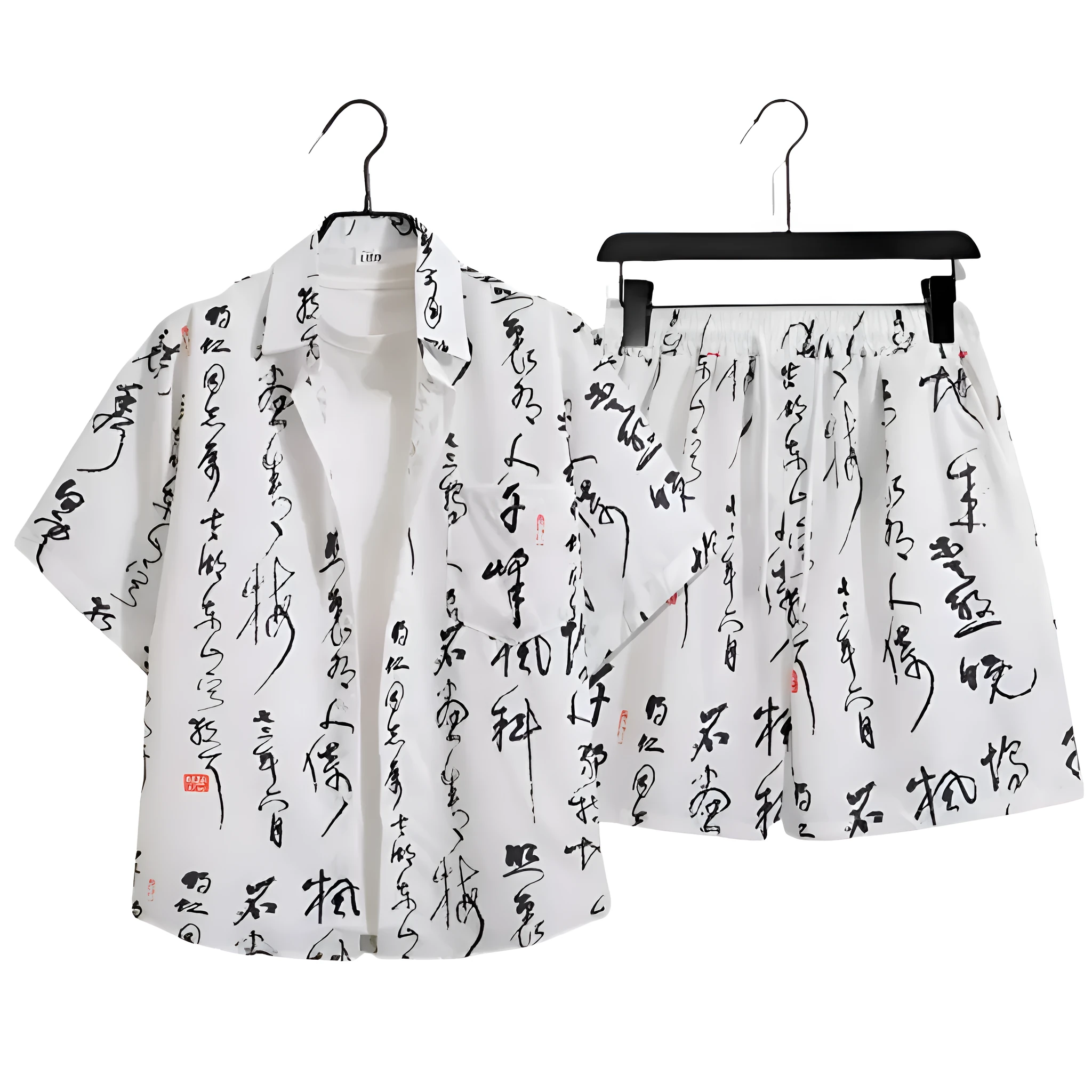 Men's floral printed polyester shirt and shorts set, loose cardigan style, black colour, front view on white background