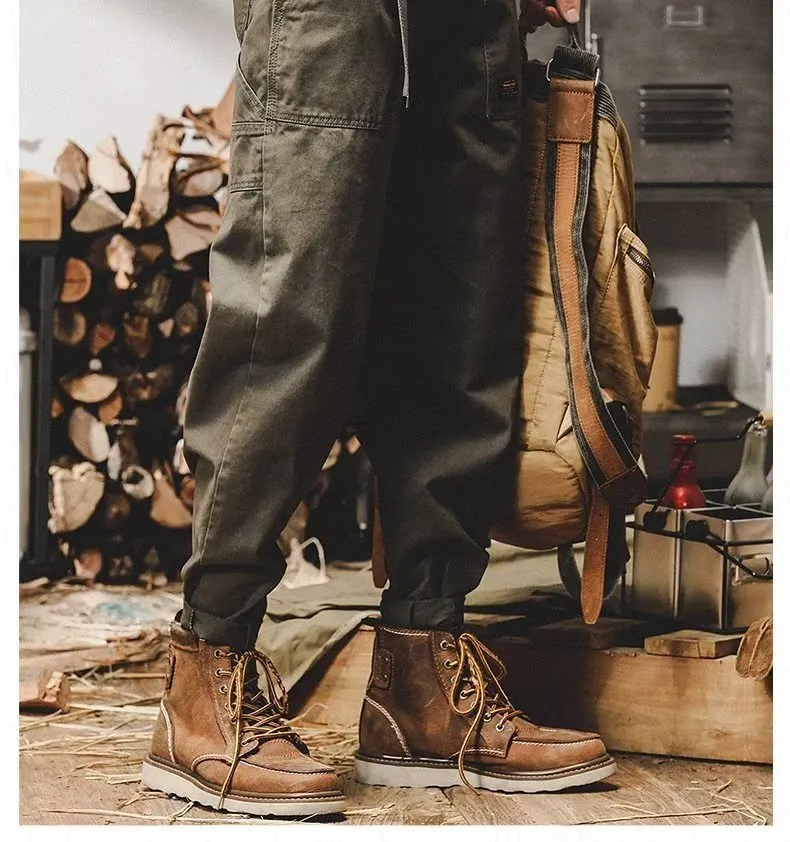 American retro lumberjack style ankle banded trousers for men in khaki, straight leg drawstring pants