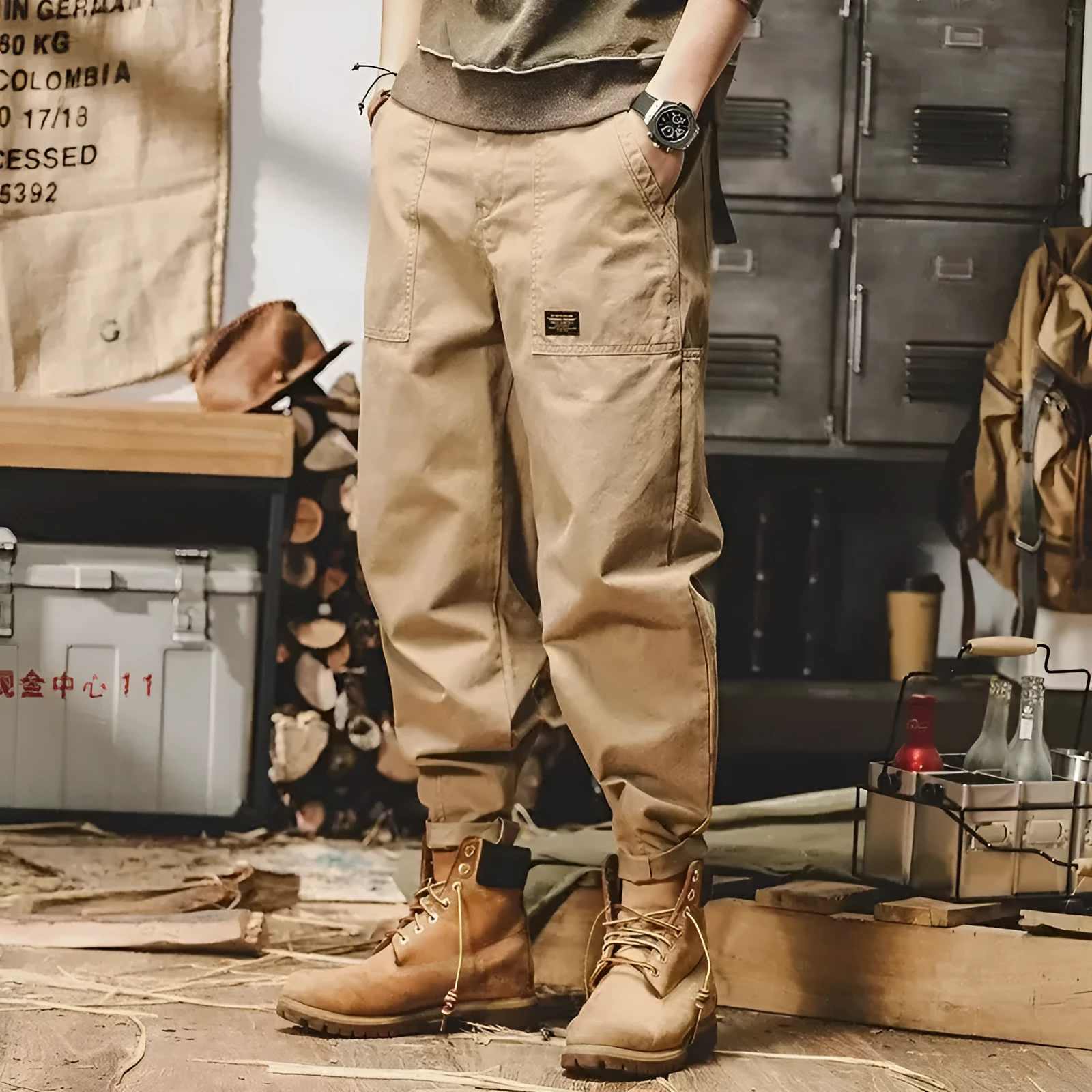 American retro lumberjack style ankle banded trousers for men in khaki, straight leg drawstring pants