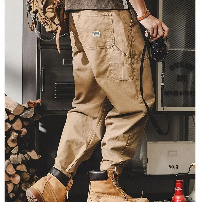 American retro lumberjack style ankle banded trousers for men in khaki, straight leg drawstring pants