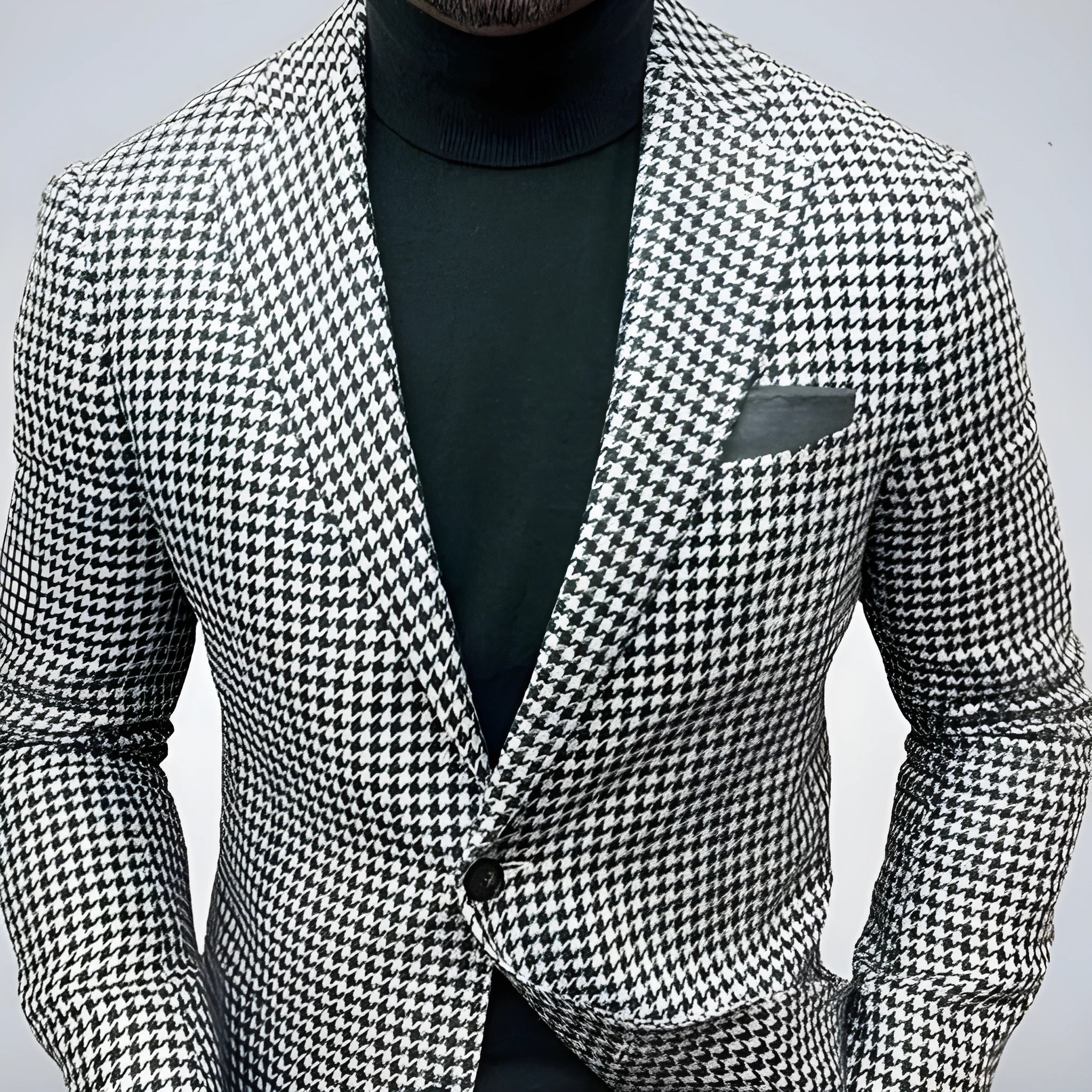Men's black slim fit two-button suit jacket with large top-stitch pockets