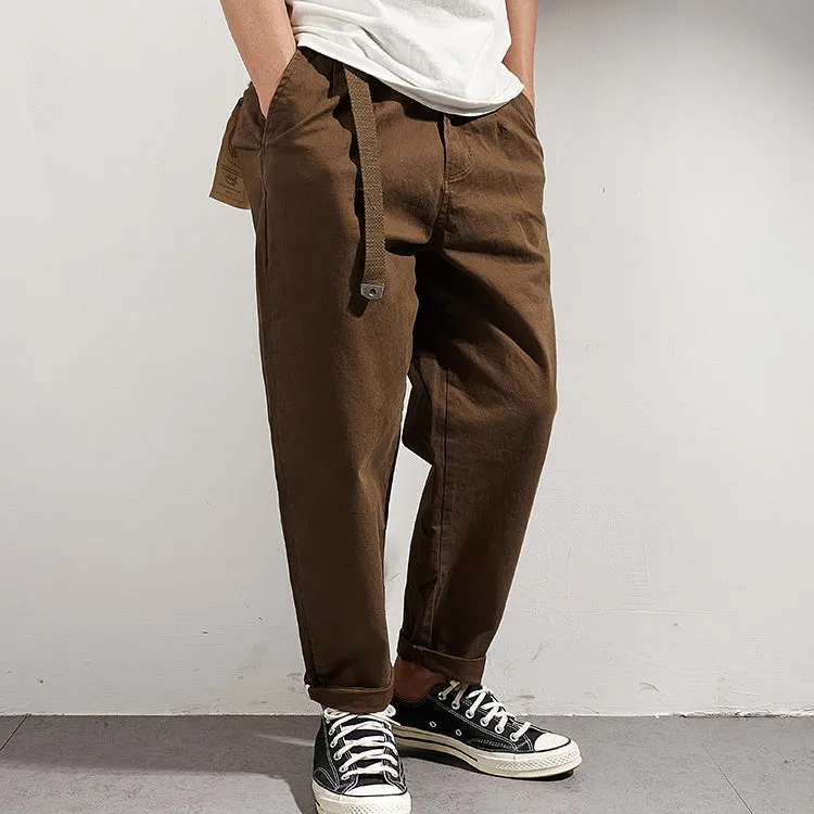 Men's Japanese retro loose tapered casual trousers in dark blue, wool blend fabric