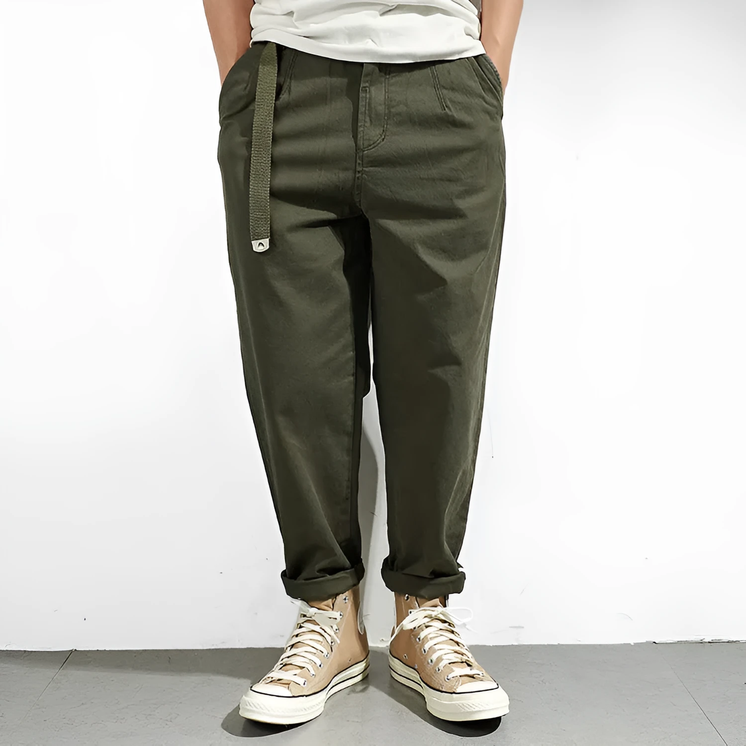 Men's Japanese retro loose tapered casual trousers in dark blue, wool blend fabric