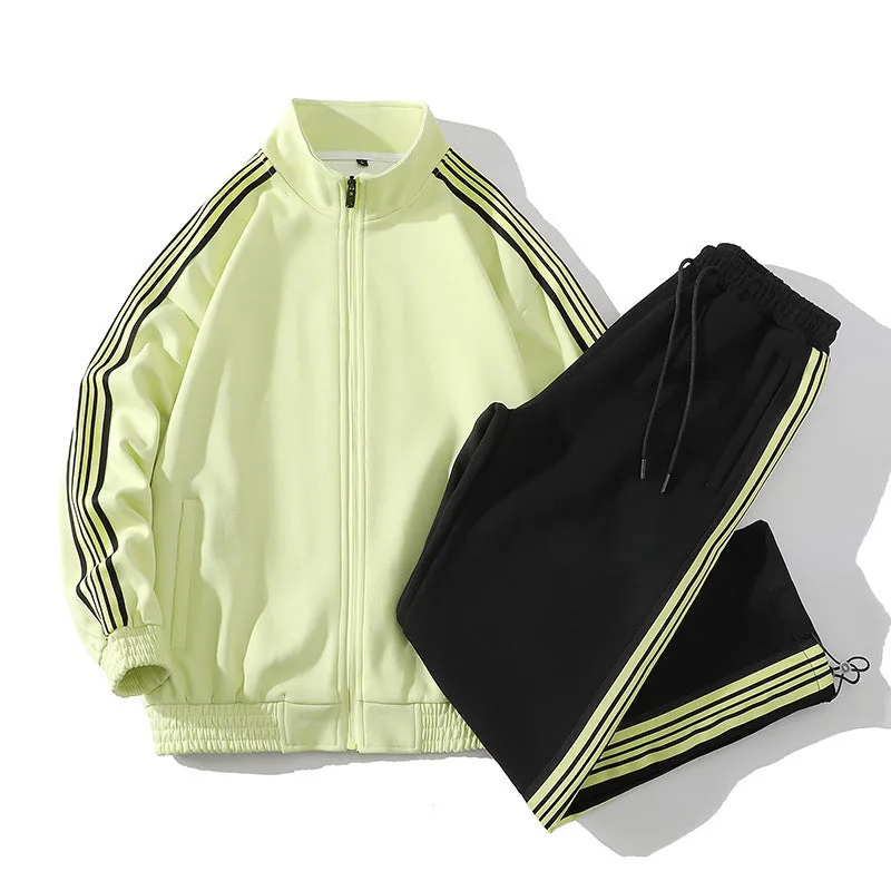 Men's cotton straight striped sports suit in khaki with long sleeve top and cropped pants