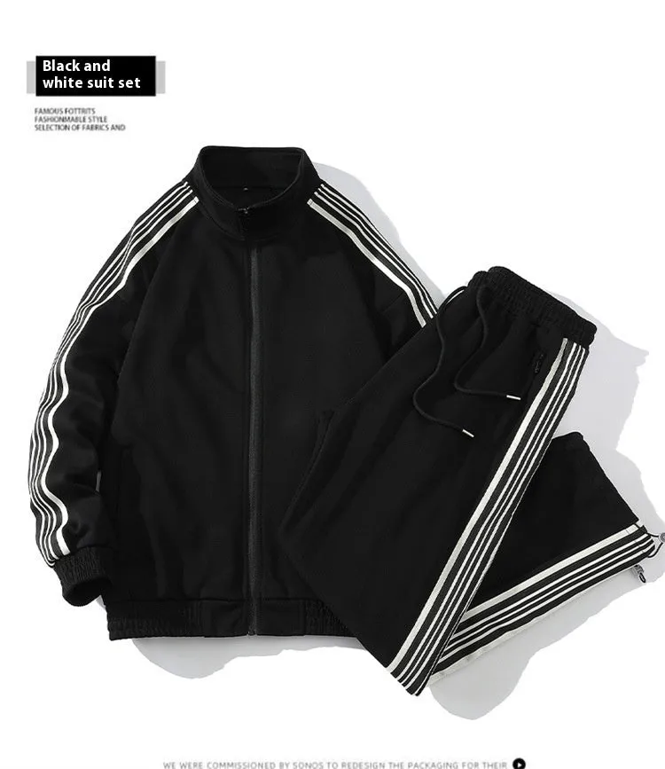 Men's cotton straight striped sports suit in khaki with long sleeve top and cropped pants