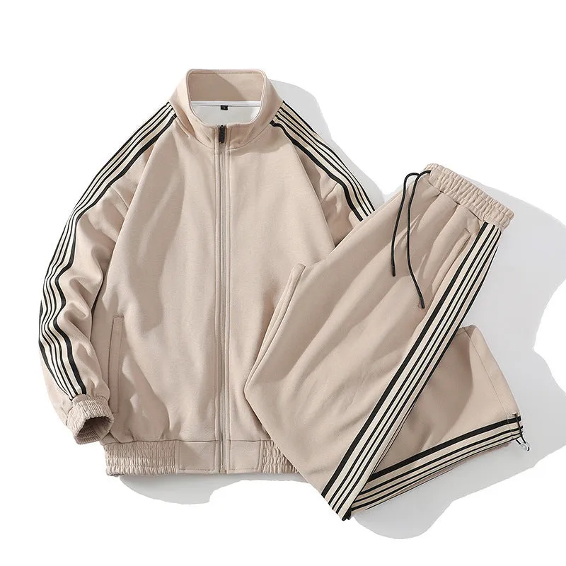 Men's cotton straight striped sports suit in khaki with long sleeve top and cropped pants