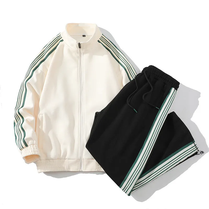 Men's cotton straight striped sports suit in khaki with long sleeve top and cropped pants